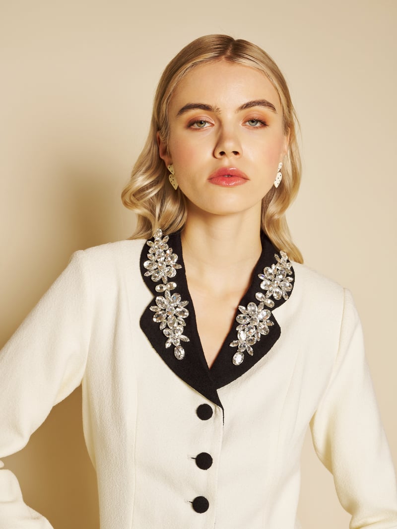 Vintage Ivory Bouclé Fitted Blazer with Gem Collar