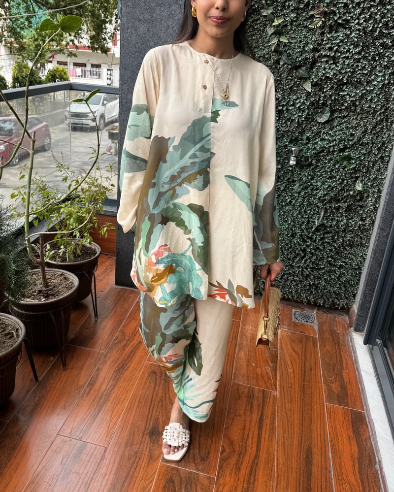 Multicolor Abstract Printed Tunic and Pant Co-ord Set