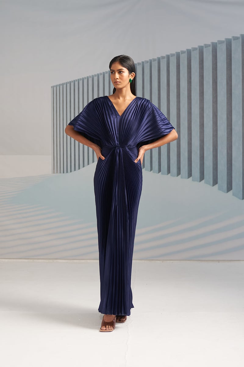 Blue Pleated Maxi Gown with Cape Sleeves
