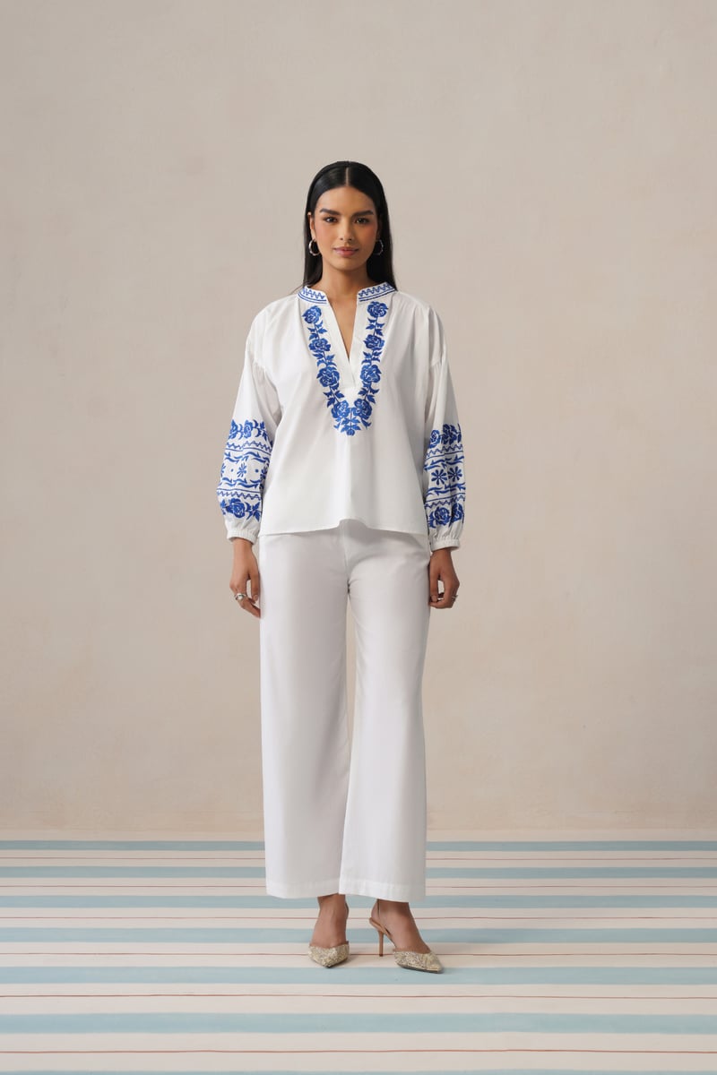 White Co-ord Set with Blue Embroidered V-Neck Top