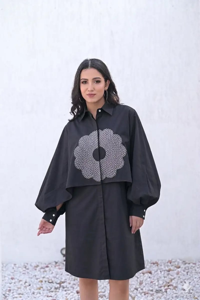 Black Cotton Knee-Length Shirt Dress with Graphic Print — RUCHIKA MALLIKA LABEL