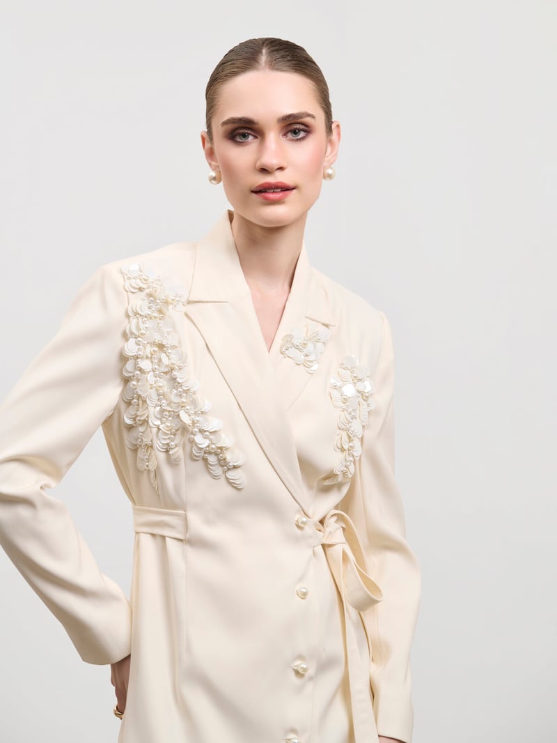Ivory Wrap Blazer Dress with Pearl Embroidery