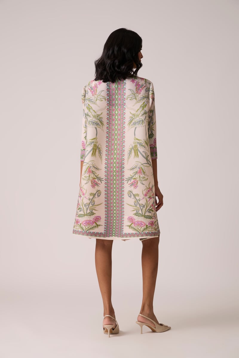 Blush Pink Floral Pleated Tunic Dress with Button Front