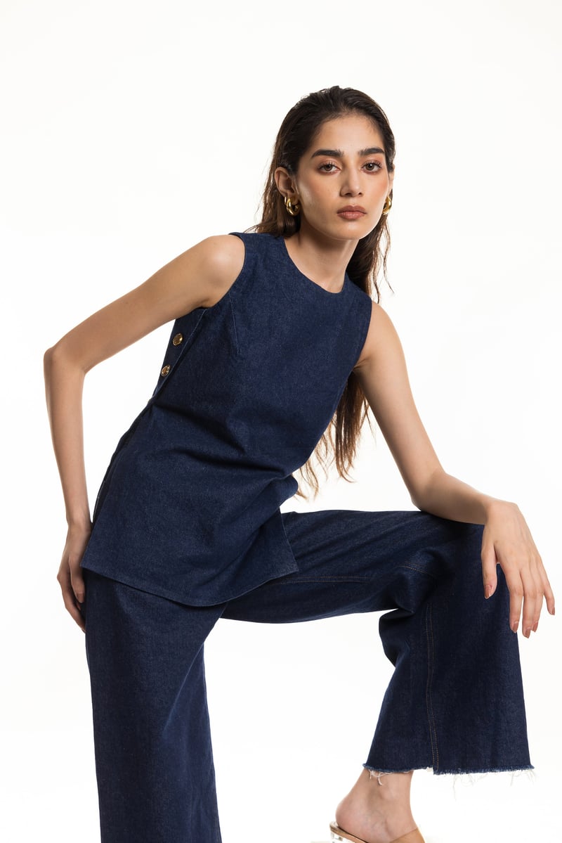 Denim Blue Sleeveless Side-Button Longline Top