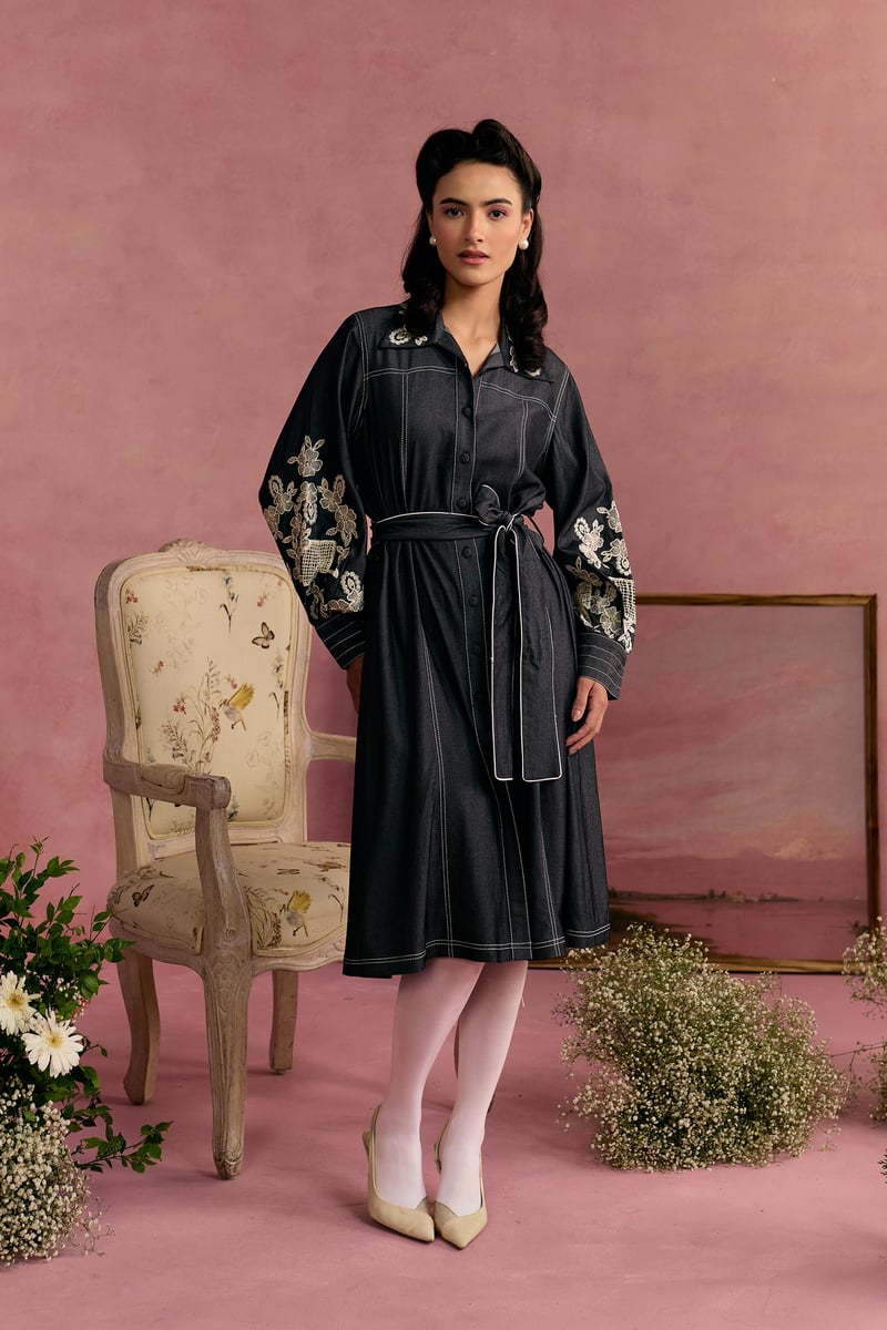 Black Shirt Dress with Embroidered Sleeves and Tie Belt