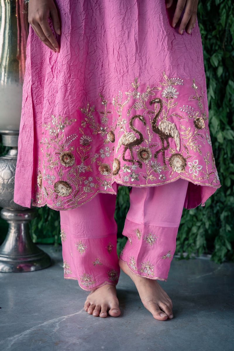 Pink Crushed Silk Embroidered Kurta Set with Dupatta