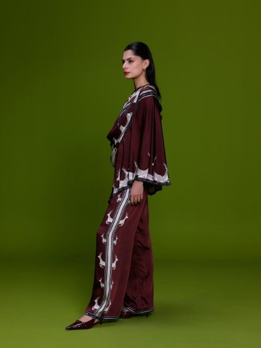 Burgundy Printed Zip-Front Cape Top Co-ord Set