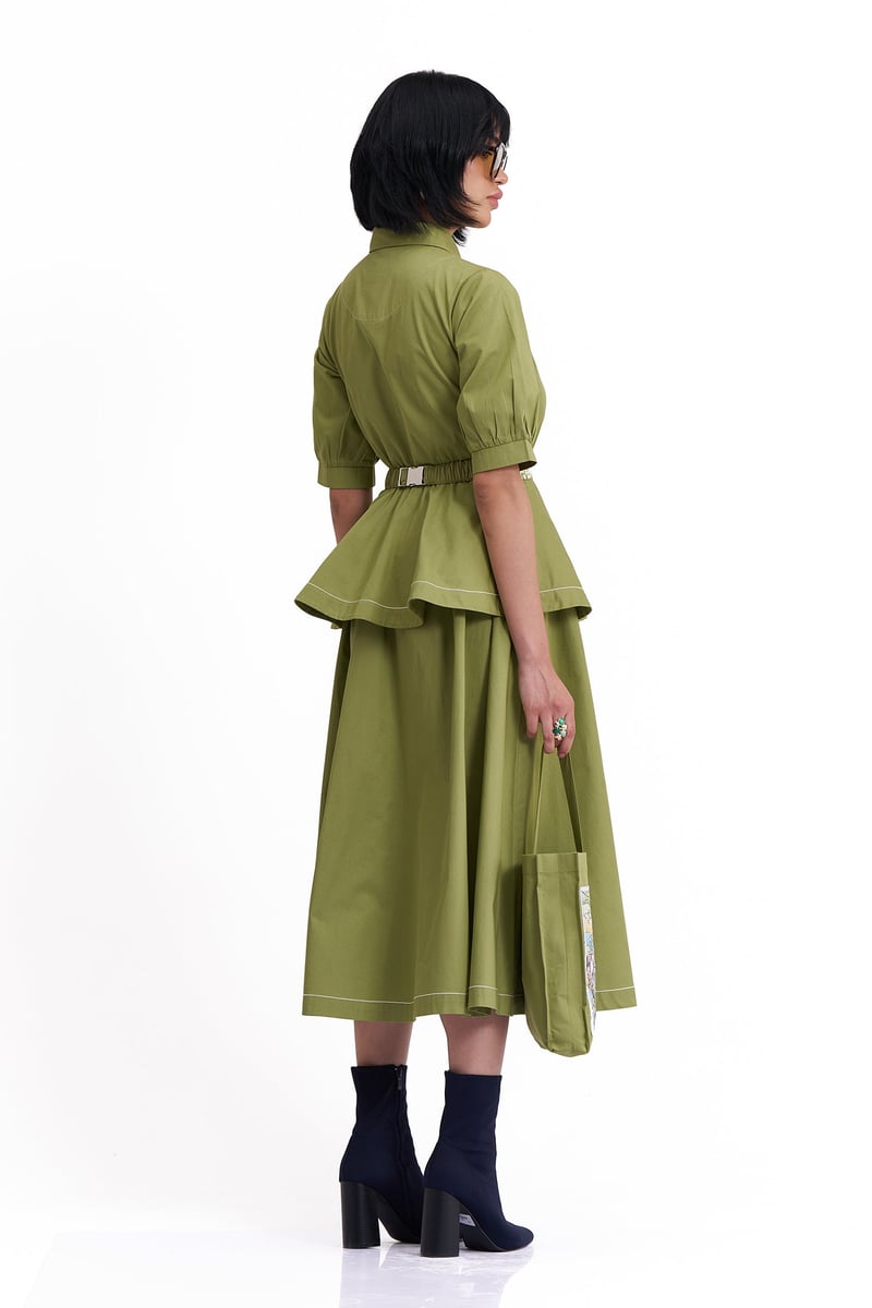 Golden Lime Cotton Twill Belted Fit and Flare Midi Dress