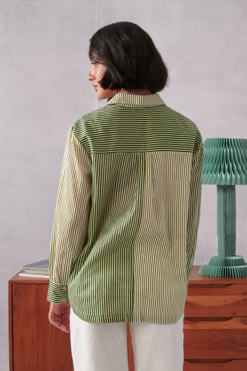 Green Striped Relaxed-Fit Cotton Button-Down Shirt