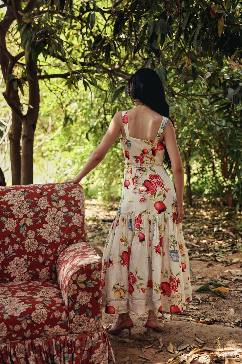 Off White Sweetheart Neck Fruit Print Maxi Dress
