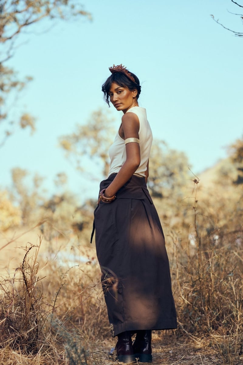 Dark Brown Cotton Twill Wrap Midi Skirt with Tie Waist