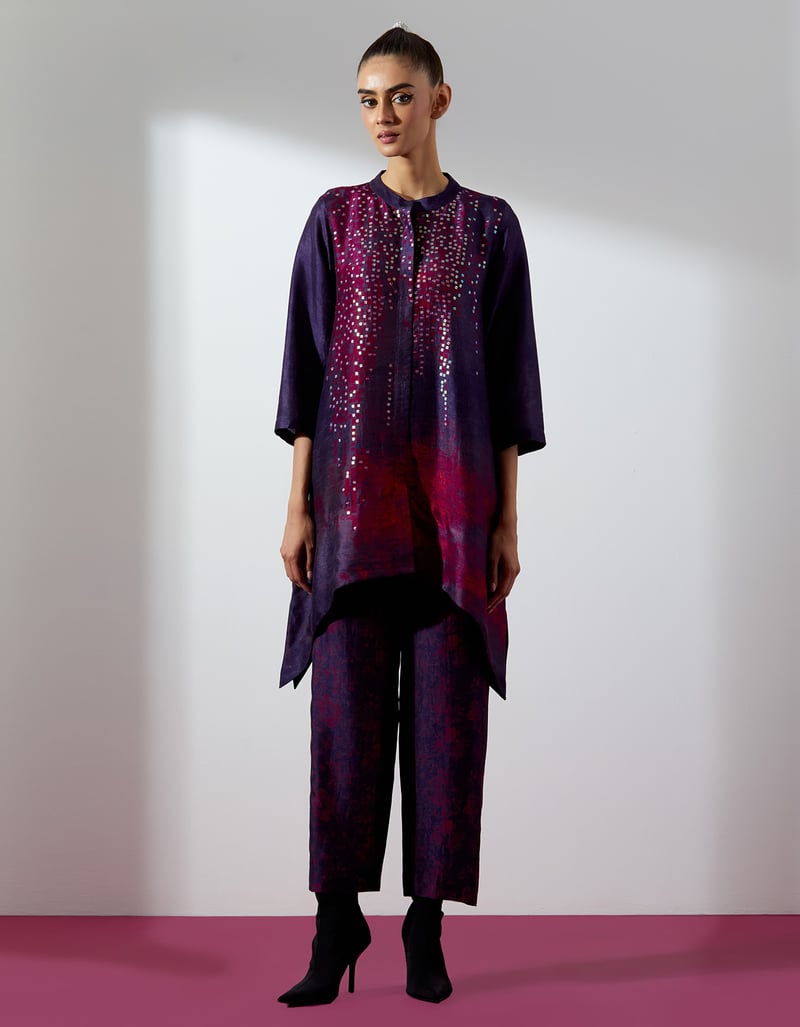 Maroon Purple Dupion Silk Kurta Pant Co-ord Set — CLOS