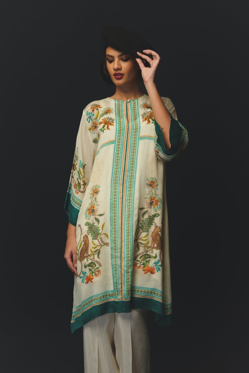 Beige Printed Kurta-Style Co-ord Set with Wide-Leg Pants