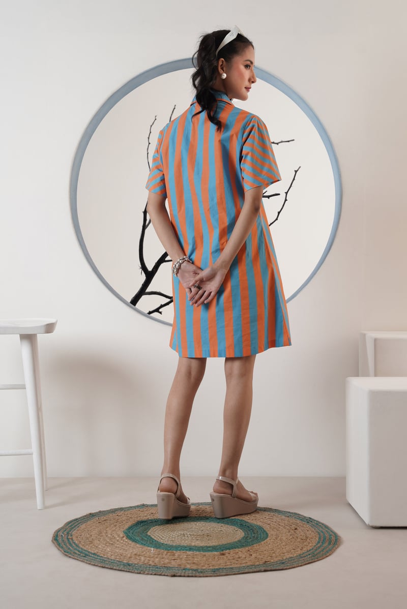 Blue and Orange Striped Mini Shirt Dress with Bow Detail