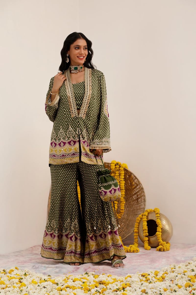 Olive Green Printed Blazer, Blouse and Sharara Co-ord Set