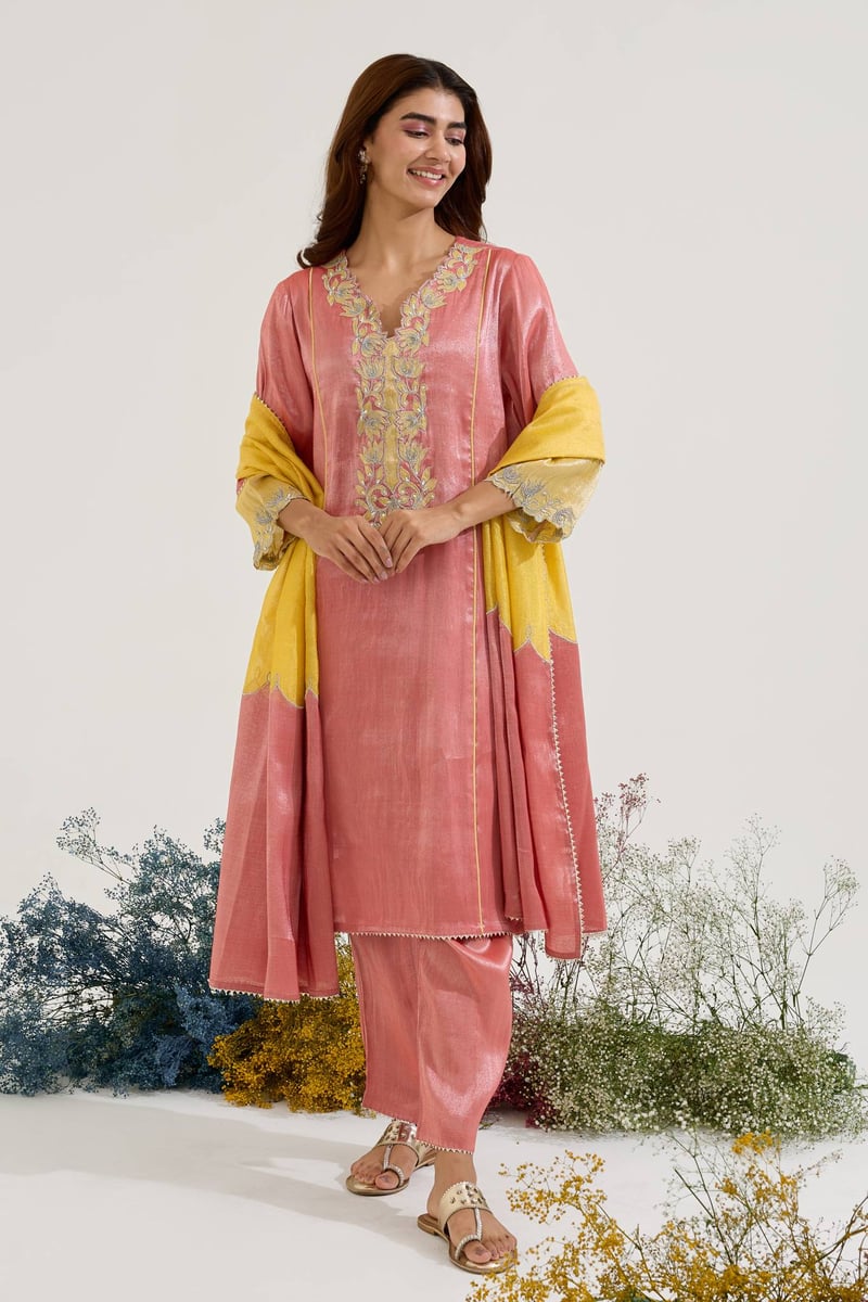 Red Tissue Straight Kurta Set with Applique Neck and Pants