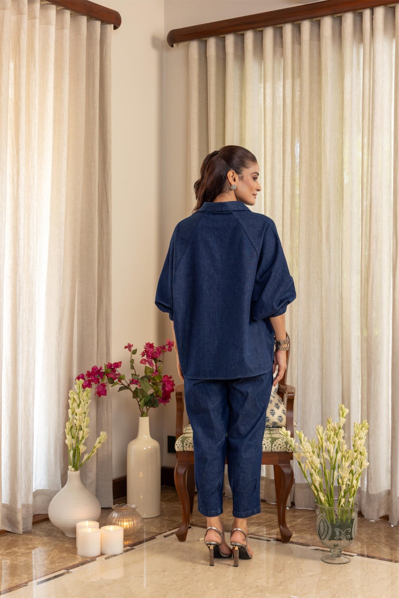 Dark Blue Denim Dragonfly Embroidered Relaxed Shirt