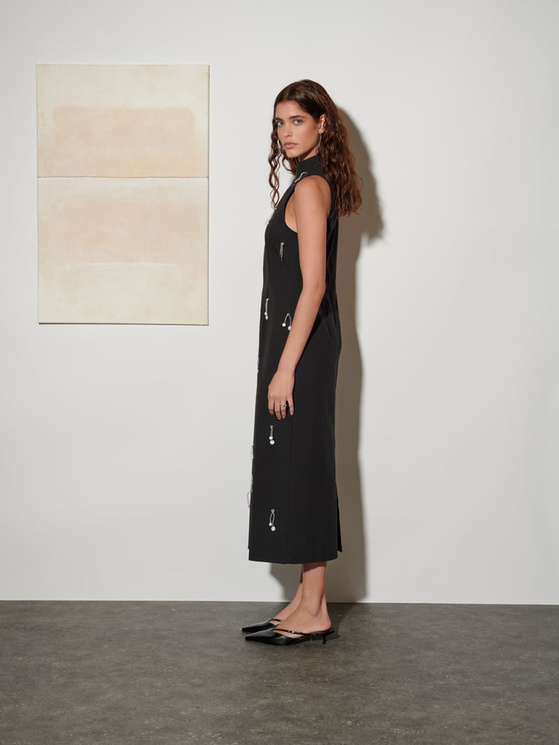 Black Embellished High-Neck Midi Column Dress