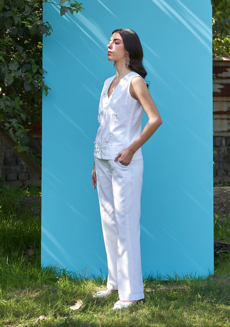 White Waistcoat and Wide-Leg Trousers Co-ord Set