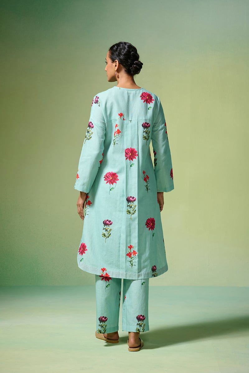 Fresh Blue Floral Linen-Cotton Kurta Set with Pants