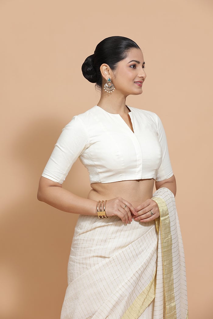 Ivory Mist Cotton Saree Blouse with Round Neck and Elbow Sleeves