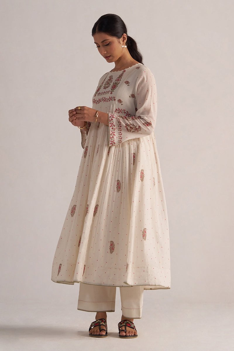 Antique White Printed A-Line Kurta and Pants Co-ord Set