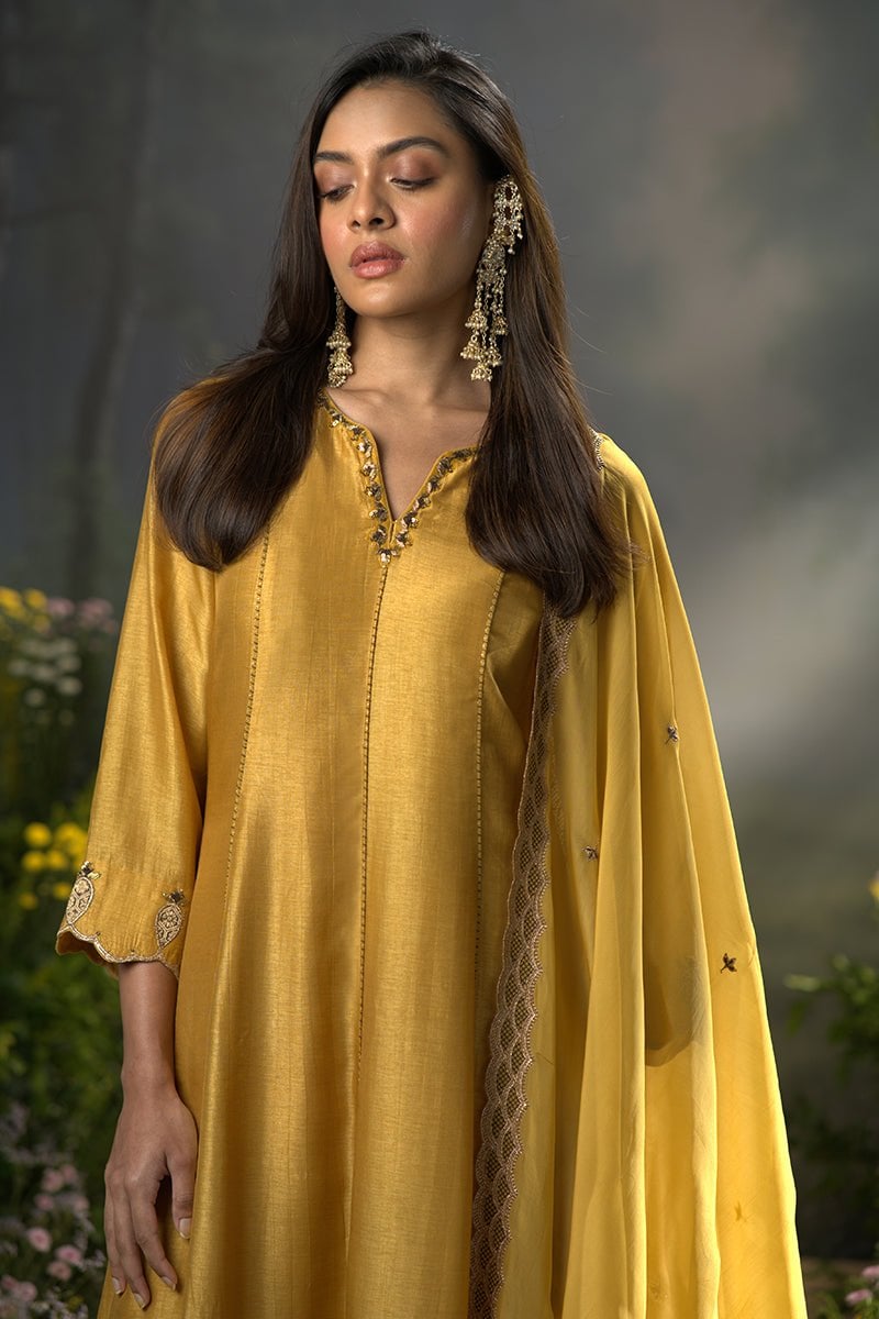 Honey Gold Raw Silk Anarkali Kurta Set with Dupatta