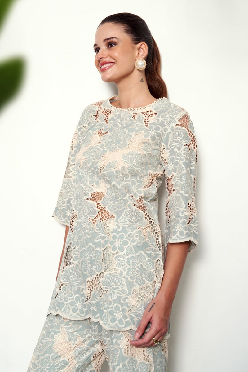 Blue Cotton Lace Kurta and Wide-Leg Pants Co-ord Set