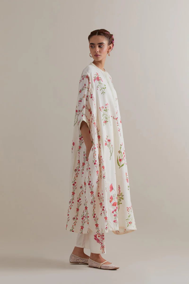 Off-White Pink-Green Floral Cotton Kaftan