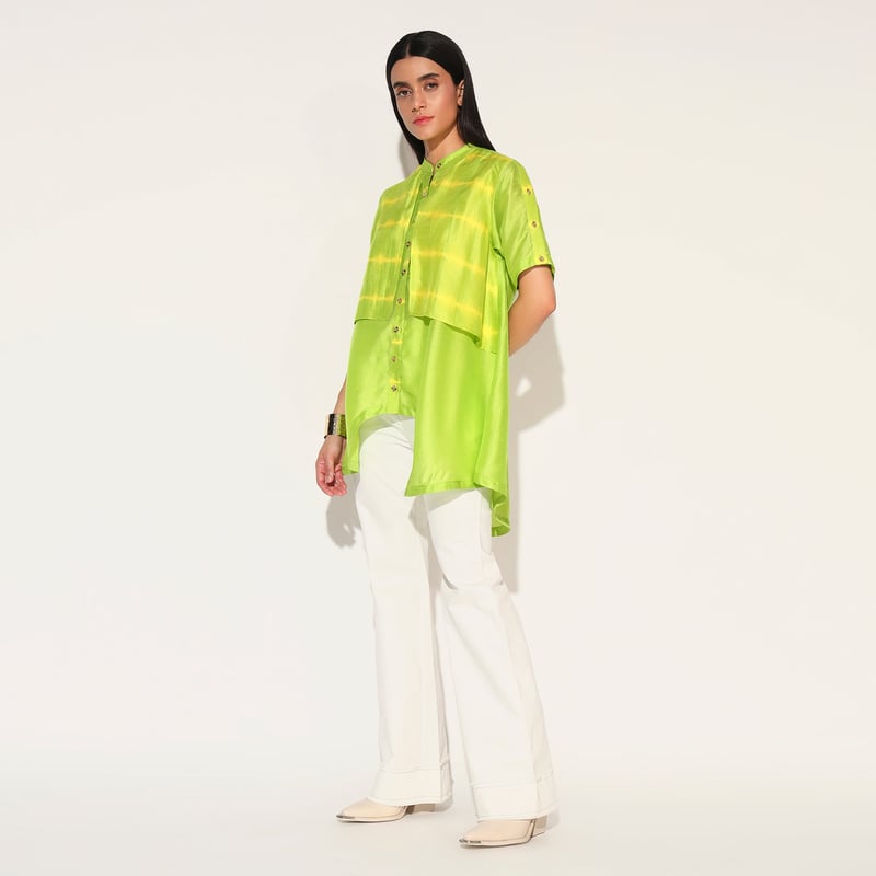 Lime Green Longline Mandarin Collar Button-Down Shirt