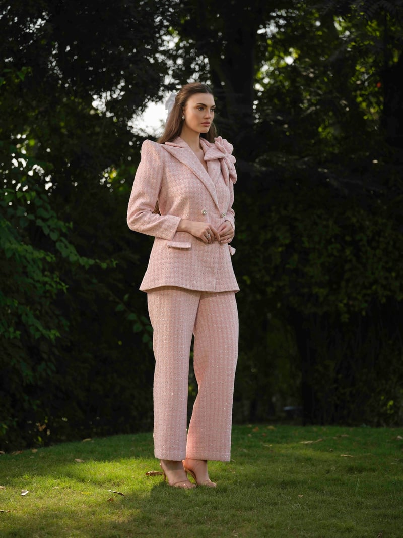 Pink Tweed Double-Breasted Blazer and Pant Co-ord Set