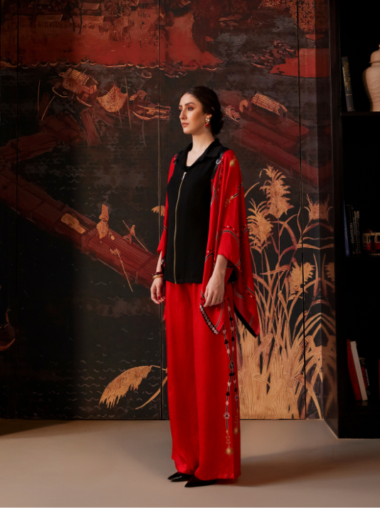 Red Wide-Leg Co-ord Set with Black Zip-Front Top