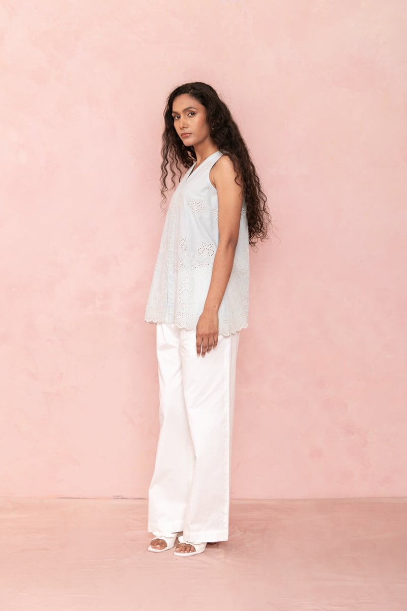 Blue Cotton Cambric Sleeveless V-Neck Embroidered Top