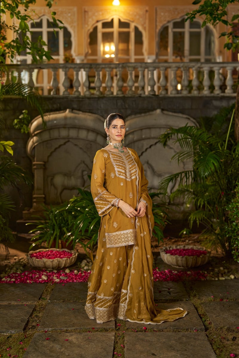 Yellow Organza Embroidered Kurta Sharara Set with Dupatta