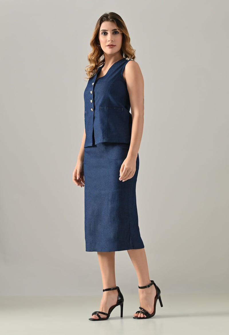 Blue Denim Waistcoat and Midi Pencil Skirt Co-ord Set