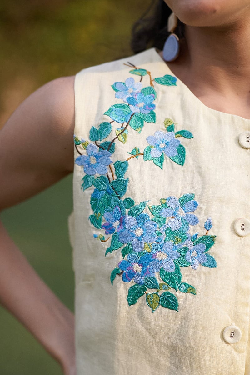 Butter Yellow Linen Embroidered Co-ord Pant Set