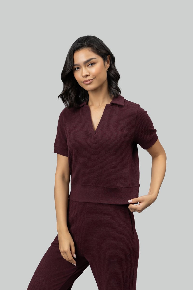 Burgundy Ottoman Rib Cropped Polo Top