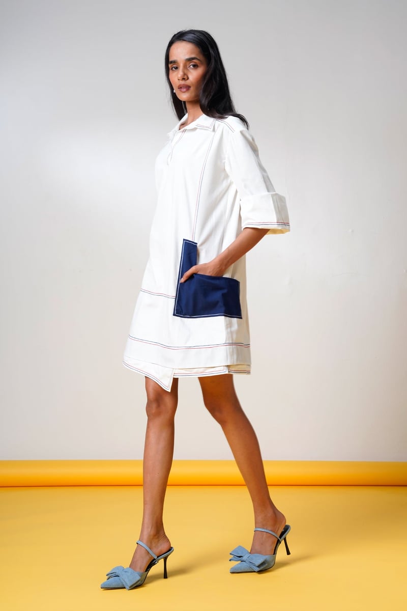 White Denim Mini Shirt Dress with Contrast Patch Pocket