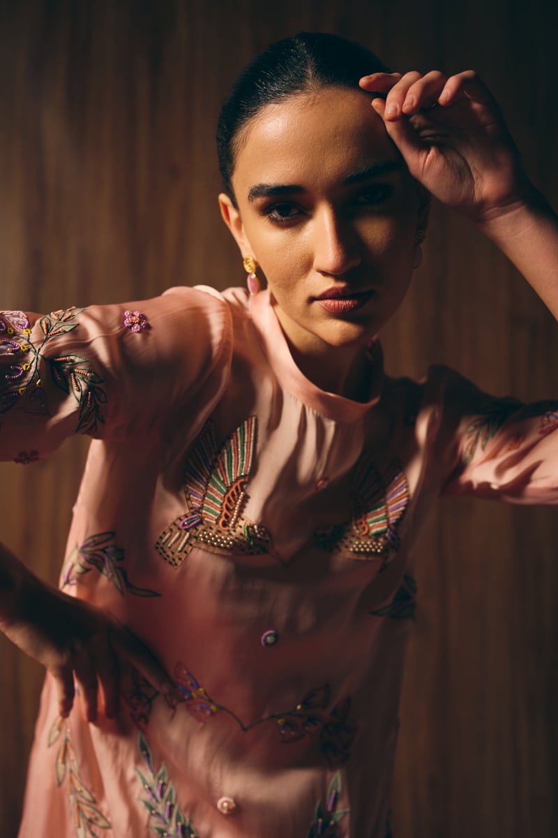 Pastel Pink Satin Organza Embroidered A-Line Maxi Dress