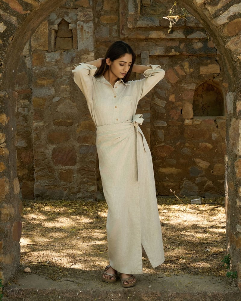 Beige Linen Shirt and Wrap Maxi Skirt Co-ord Set
