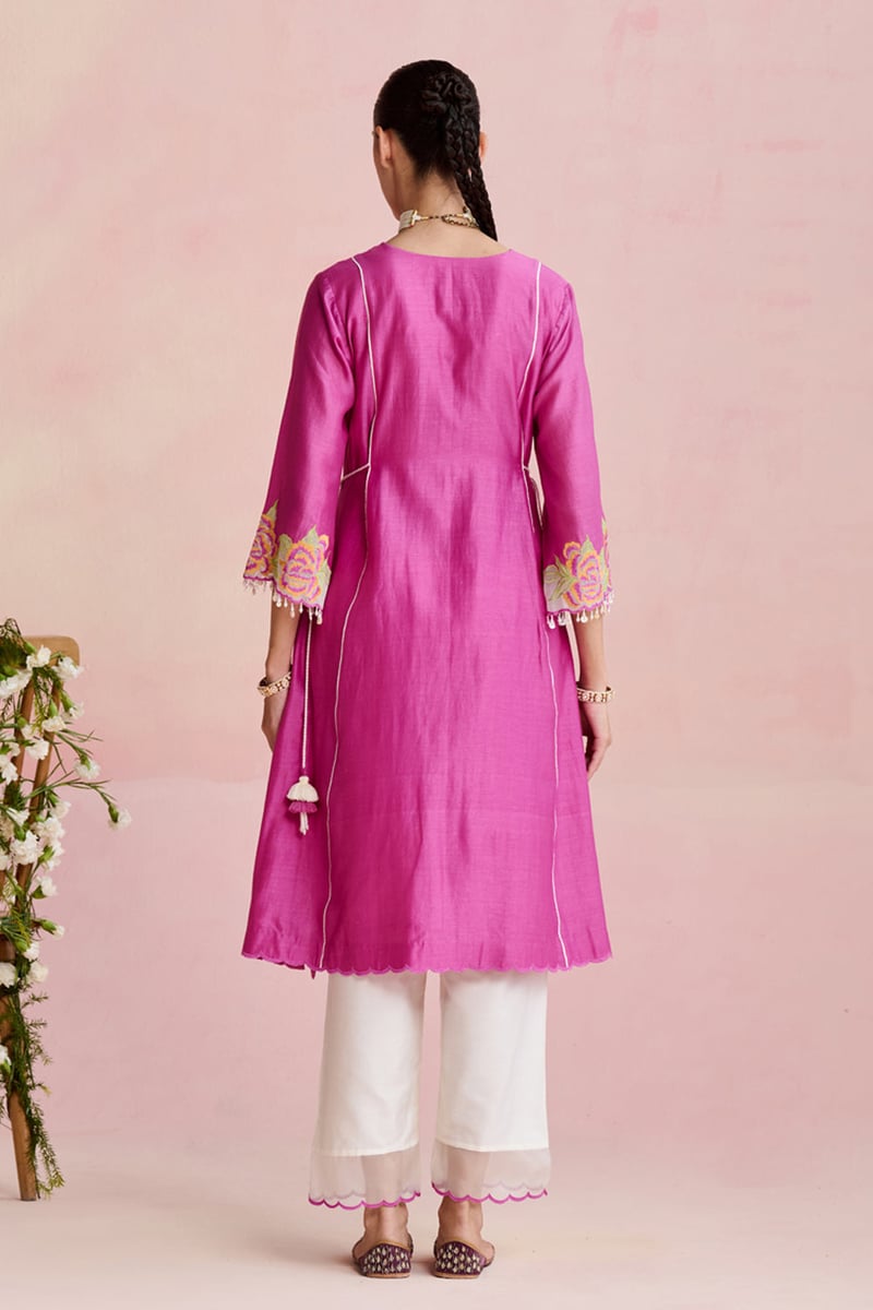 Pink Embroidered A-Line Kurta Set with Organza Dupatta