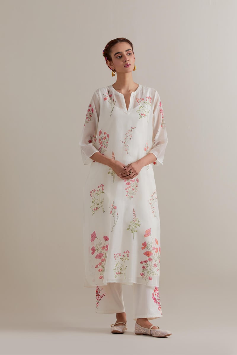 Off-White Floral Hand Block Print Kurta Set with Dupatta