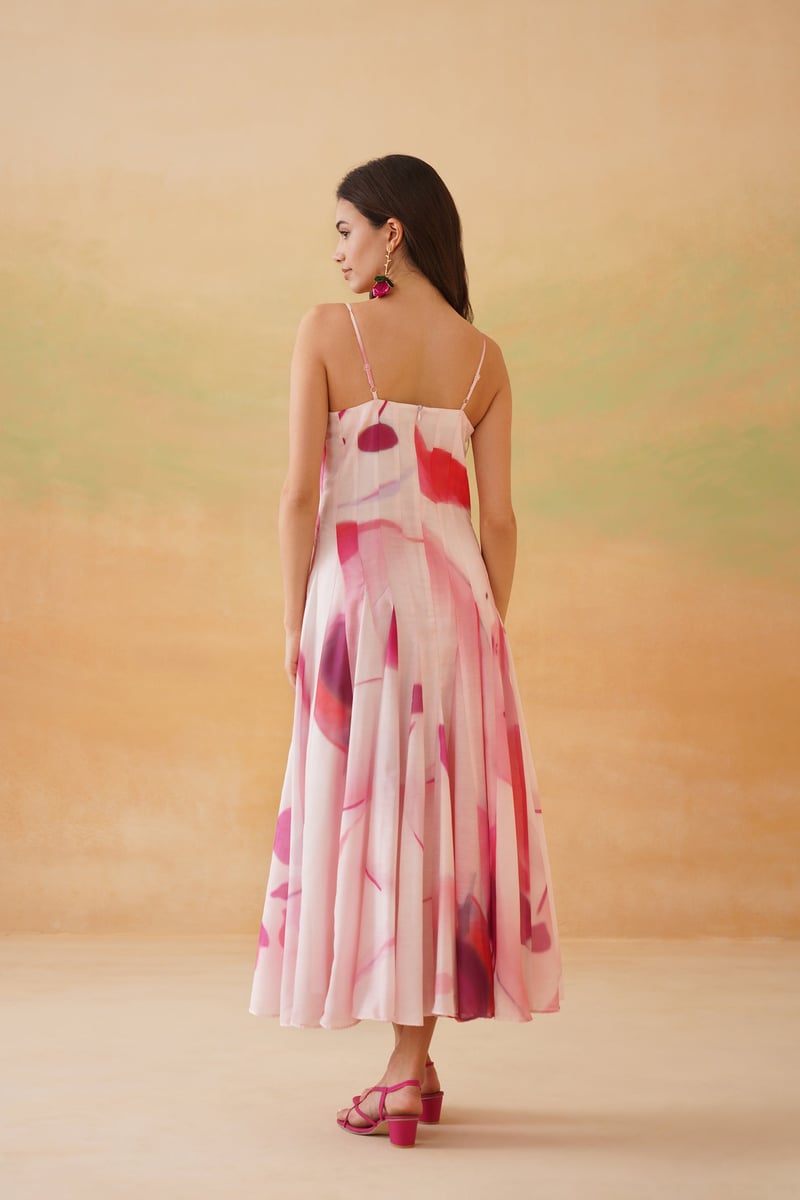 Baby Pink Abstract Floral Panelled Midi Dress