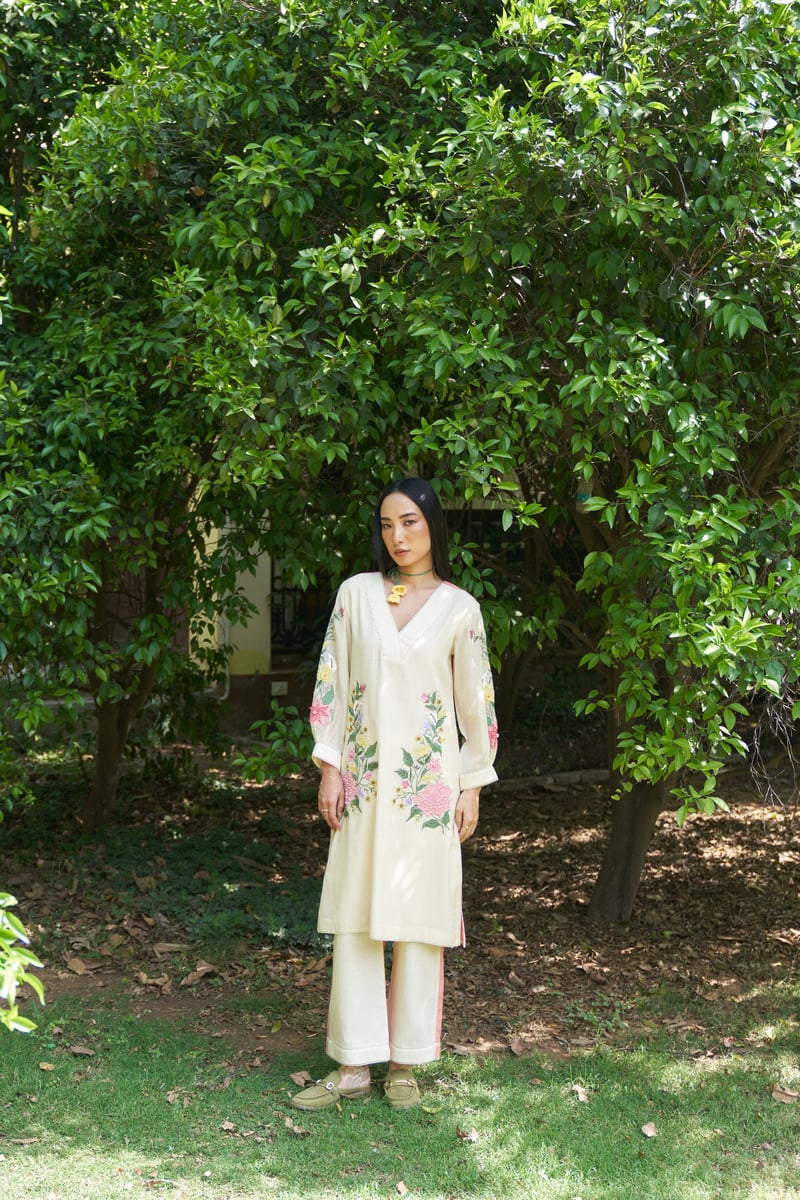 Beige Mul Chanderi Embroidered Straight Kurta Set