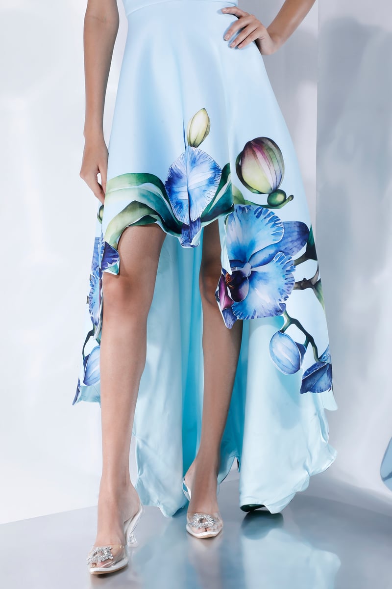 Light Blue Off-Shoulder High-Low Floral Print Maxi Dress