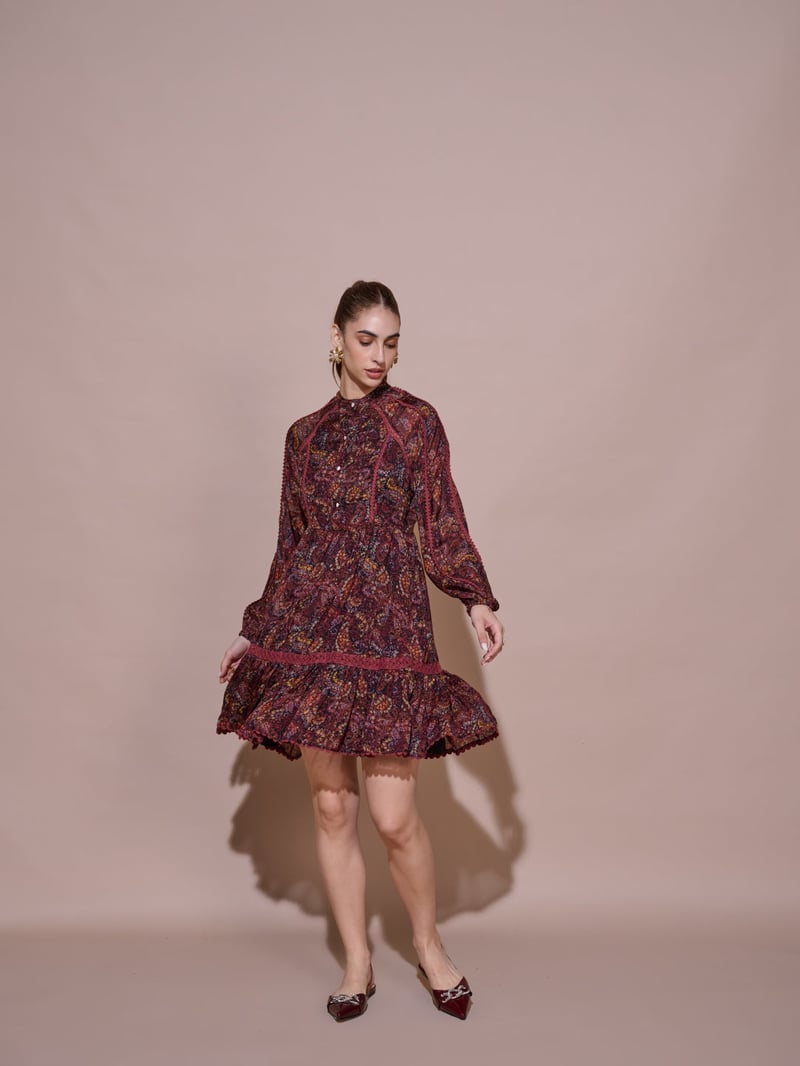 Wine Floral Printed Tiered Knee-Length Dress