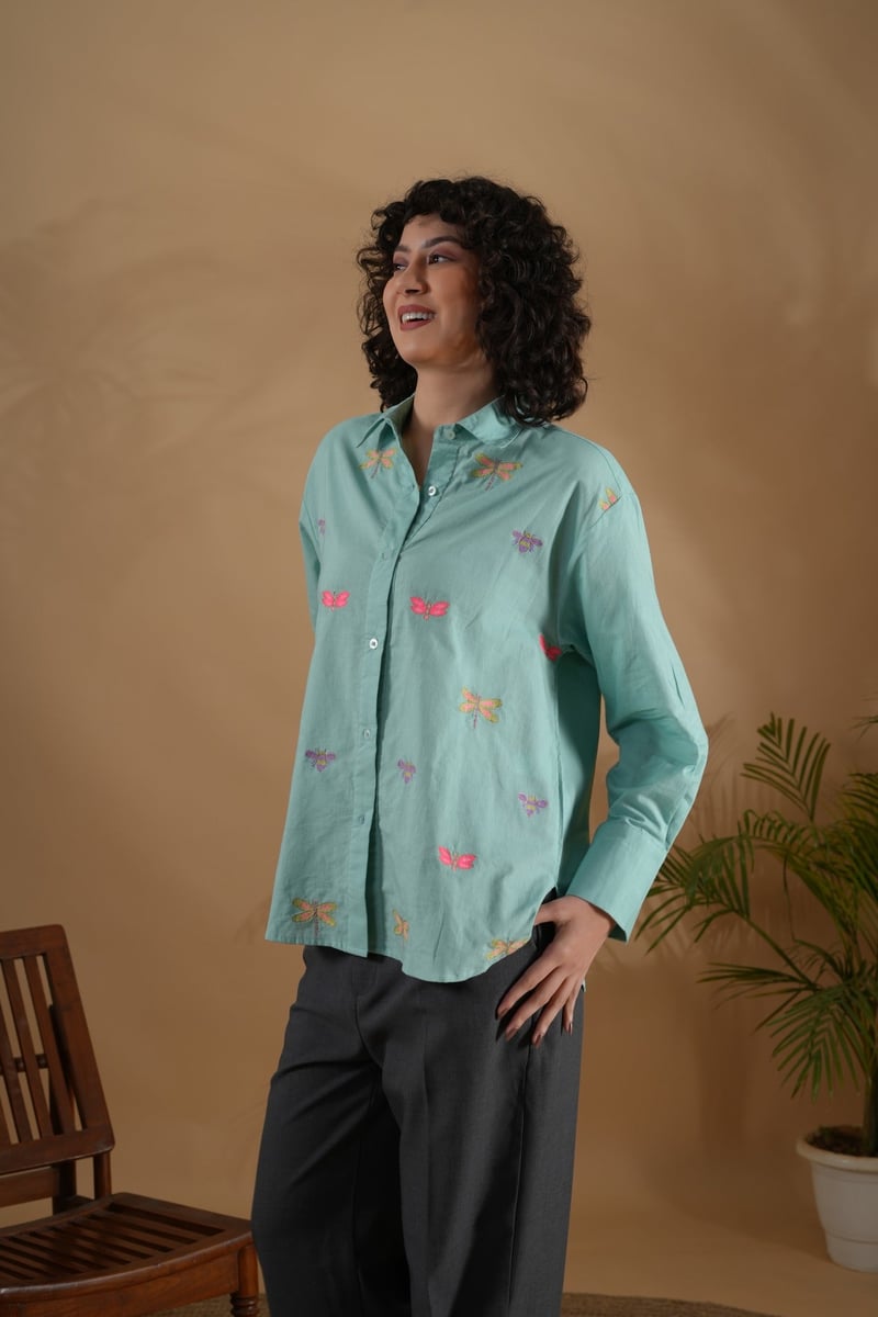 Mint Oversized Bug Embroidered Cotton Linen Shirt