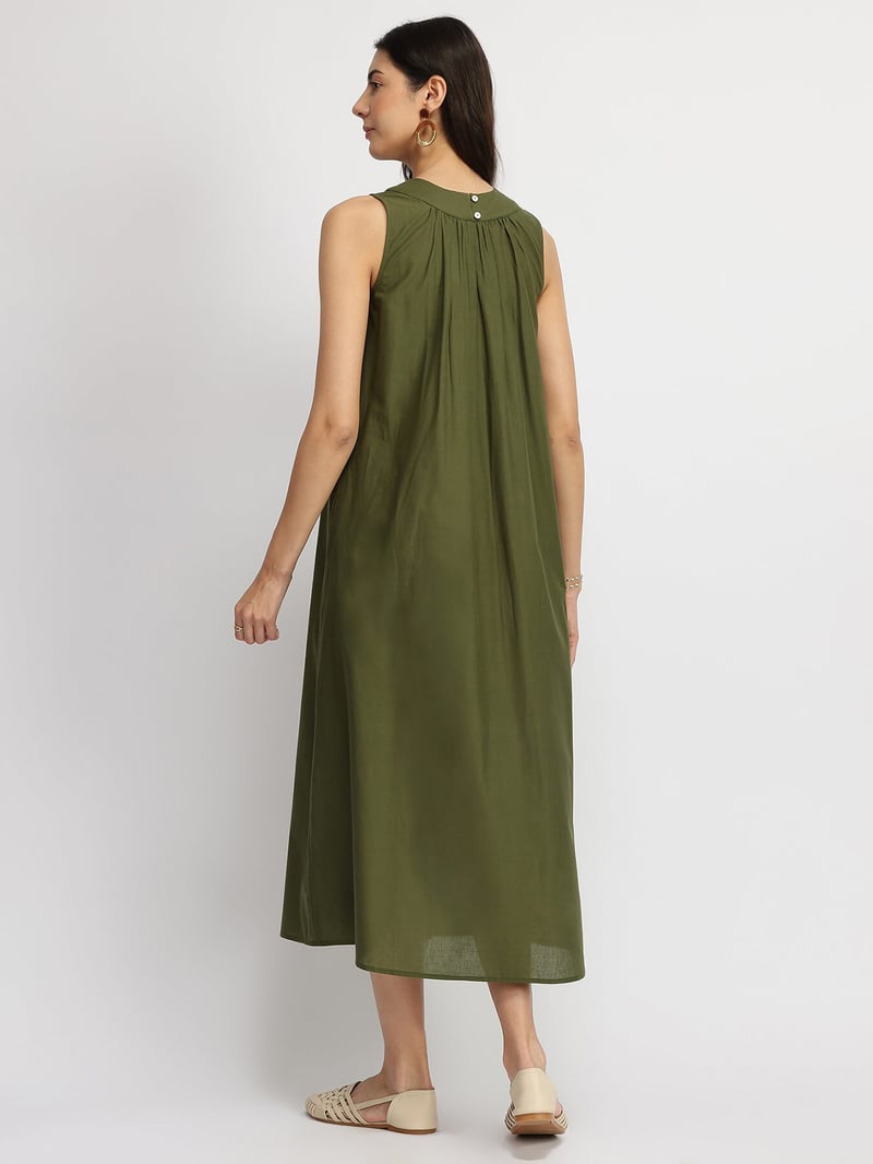 Olive Cotton Floral Placement Print A-Line Midi Dress