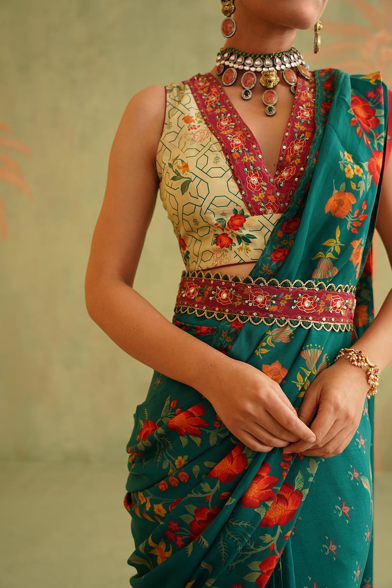 Green and Cream Pre-Draped Bemberg Crepe Saree Set