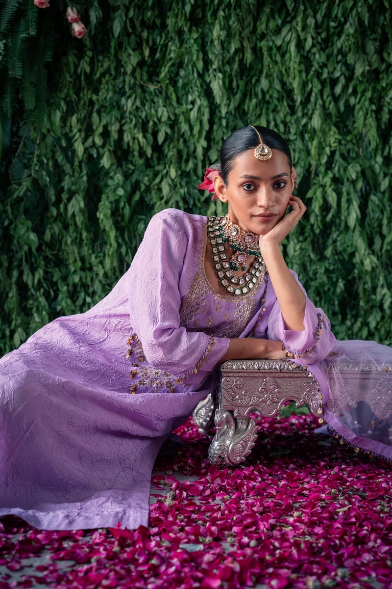 Lavender Crushed Silk Embroidered Kurta Set with Dupatta